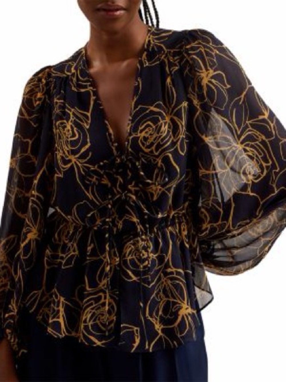 NWT Ted Baker Black Blouse with Gold Floral Outline